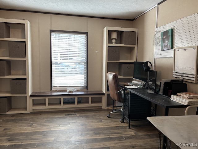 16690 Shands Rd, South Prince George, VA 23805 - office area featuring dark wood finished floors, ornamental molding, and a textured ceiling