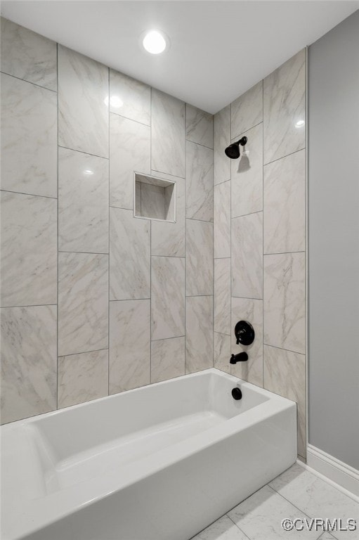 42 Mt Elba Rd, Columbia, VA 23038 - bathroom with  shower combination, baseboards, marble look tile flooring, and recessed lighting