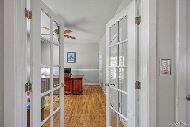 1729 Lake Forest Dr, Mineral, VA 23117 - entryway featuring light wood-style floors, a ceiling fan, baseboards, and french doors