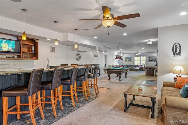 1729 Lake Forest Dr, Mineral, VA 23117 - interior space with light carpet, wet bar, recessed lighting, ceiling fan, and pool table