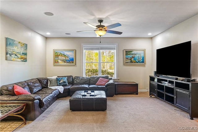 1729 Lake Forest Dr, Mineral, VA 23117 - living room featuring light carpet, recessed lighting, and ceiling fan