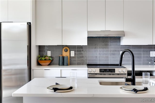 1613 Pulaski St, Richmond, VA 23222 - kitchen featuring white cabinetry, modern cabinets, under cabinet range hood, and stainless steel appliances