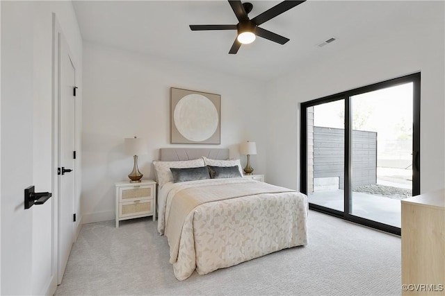 1613 Pulaski St, Richmond, VA 23222 - bedroom with visible vents, light carpet, a ceiling fan, baseboards, and access to exterior