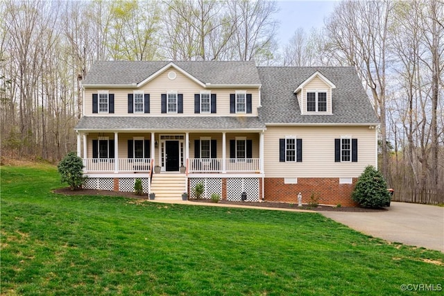 1635 Dorset Meadows Ln, Powhatan, VA 23139 - colonial inspired home featuring covered porch, a front yard, crawl space, and a shingled roof