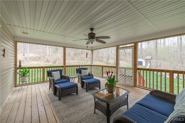 1635 Dorset Meadows Ln, Powhatan, VA 23139 - sunroom / solarium with a ceiling fan, outdoor lounge area, and plenty of natural light