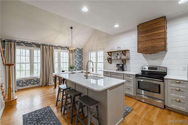 1635 Dorset Meadows Ln, Powhatan, VA 23139 - kitchen with stainless steel range with electric stovetop, gray cabinetry, healthy amount of natural light, open shelves, and vaulted ceiling