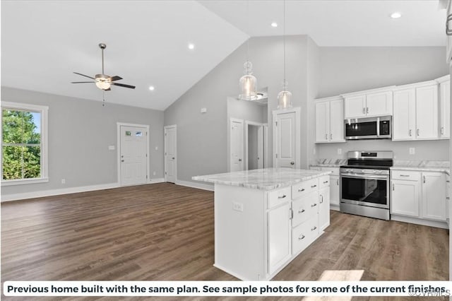 5782 Darlington Heights Rd, Farmville, VA 23901 - kitchen featuring appliances with stainless steel finishes, high vaulted ceiling, a kitchen island, open floor plan, and a ceiling fan