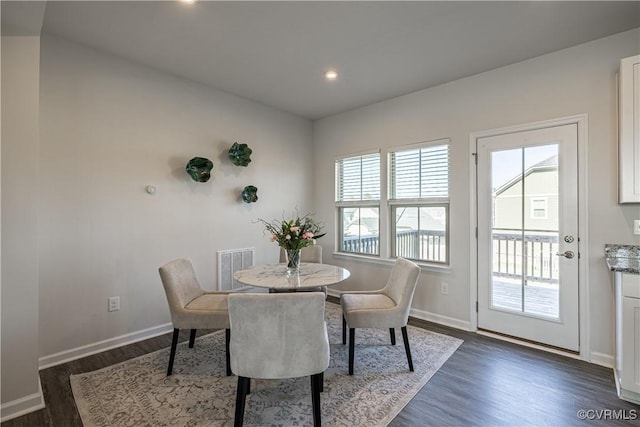 6328 Gossamer Aly, Moseley, VA 23120 - dining area with recessed lighting, dark wood-type flooring, visible vents, and baseboards