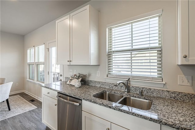 6328 Gossamer Aly, Moseley, VA 23120 - kitchen featuring white cabinets, dishwasher, a sink, dark wood-style floors, and light stone countertops