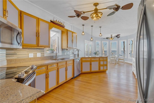 289 Oyster Shell Rd, Laneview, VA 22560 - kitchen with appliances with stainless steel finishes, a ceiling fan, a peninsula, light wood-type flooring, and tasteful backsplash