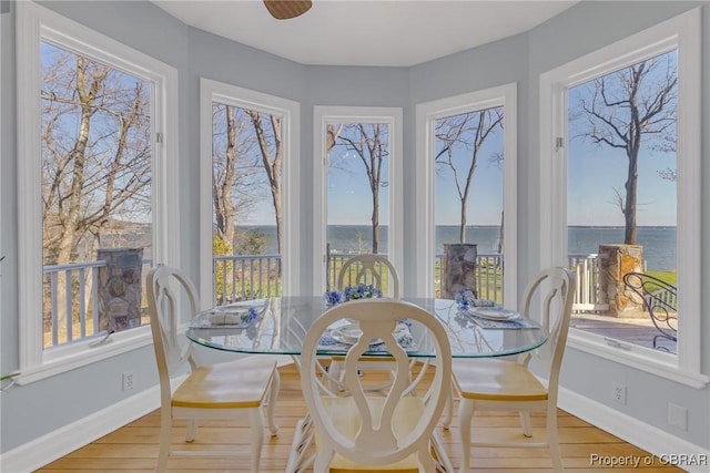 289 Oyster Shell Rd, Laneview, VA 22560 - sunroom / solarium with a water view, baseboards, and wood finished floors