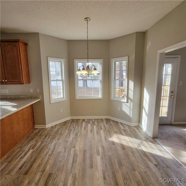 6118 Pond Grass Rd, Mechanicsville, VA 23111 - unfurnished dining area featuring a notable chandelier, visible vents, wood finished floors, and a textured ceiling