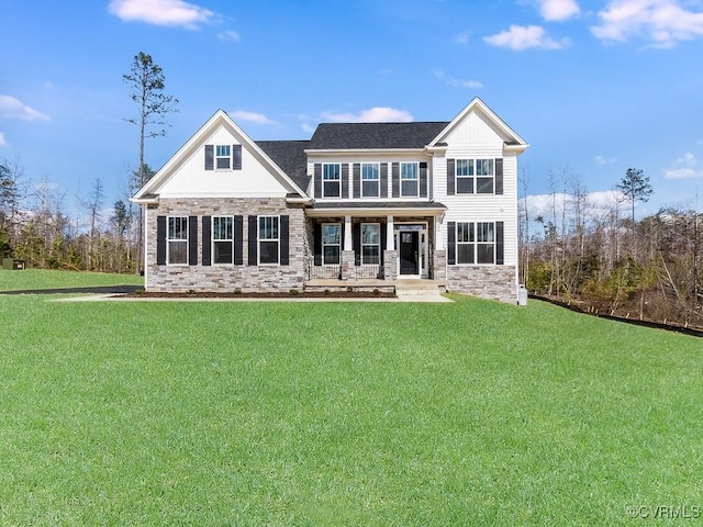 LOT73 Dove Ct, Louisa, VA 23024 - view of front of property featuring stone siding, covered porch, board and batten siding, and a front lawn