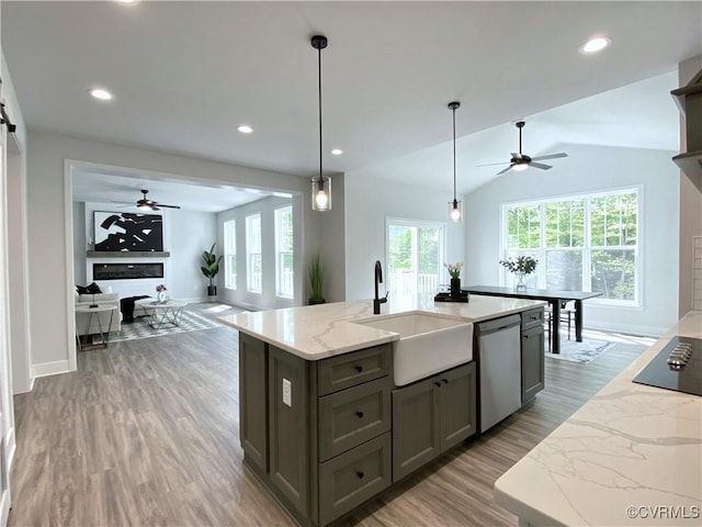 LOT73 Dove Ct, Louisa, VA 23024 - kitchen with gray cabinets, dishwasher, a ceiling fan, and a sink