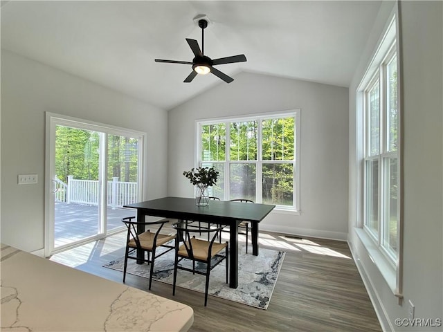 LOT73 Dove Ct, Louisa, VA 23024 - dining area with vaulted ceiling, a healthy amount of sunlight, ceiling fan, and wood finished floors