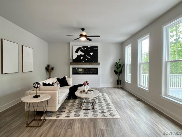 LOT73 Dove Ct, Louisa, VA 23024 - living area with a glass covered fireplace, wood finished floors, baseboards, and ceiling fan