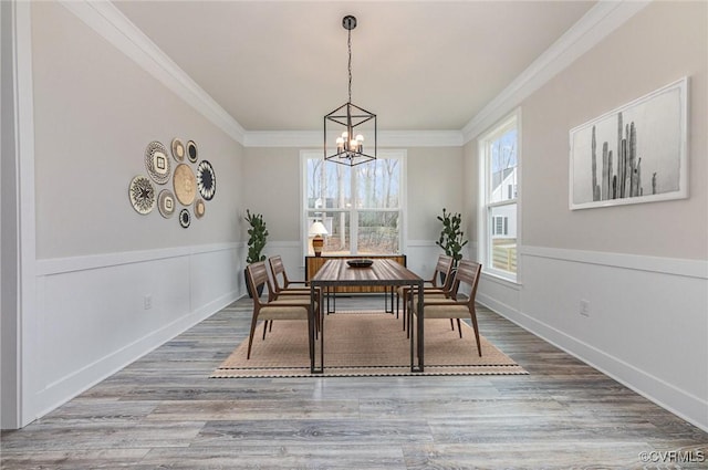 LOT73 Dove Ct, Louisa, VA 23024 - dining room featuring a wainscoted wall, wood finished floors, a chandelier, and ornamental molding