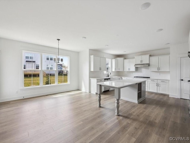 kitchen with light countertops, dishwasher, dark wood-style floors, under cabinet range hood, and white cabinets