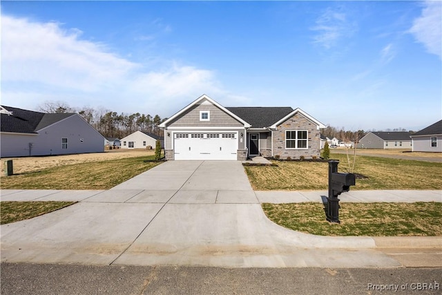 93 Grace Hill Cir, Kilmarnock, VA 22482 - view of front of house featuring an attached garage, stone siding, a front yard, and concrete driveway