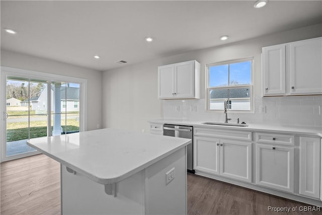 93 Grace Hill Cir, Kilmarnock, VA 22482 - kitchen featuring light countertops, backsplash, wood finished floors, and a sink