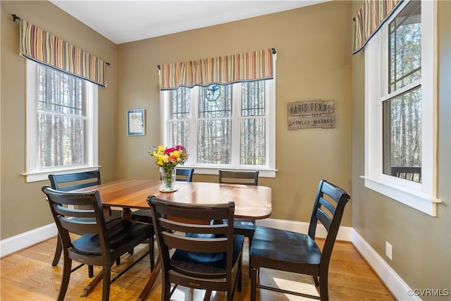 dining space with light wood-style floors, plenty of natural light, and baseboards