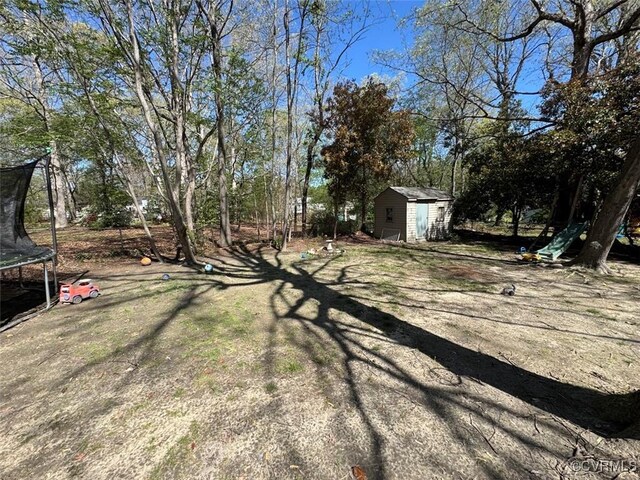 view of yard with a trampoline, a shed, and an outdoor structure