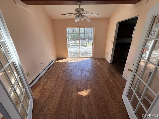1090 Dry Bread Rd, Emporia, VA 23847 - empty room with a ceiling fan, dark wood-style floors, vaulted ceiling with beams, and a baseboard heating unit