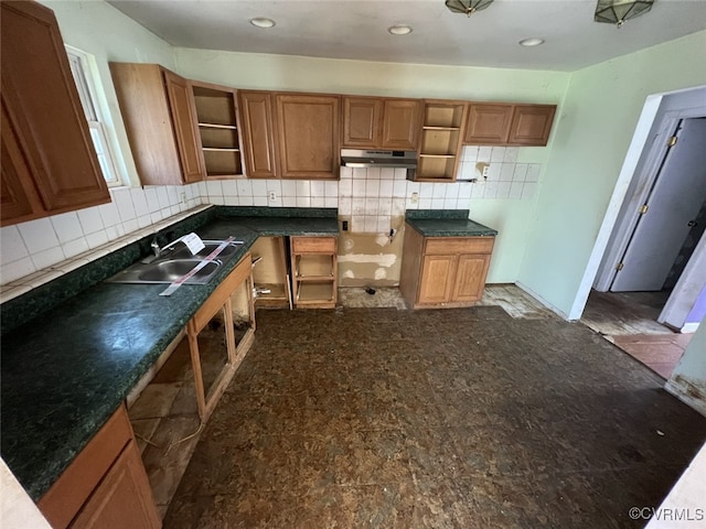 1090 Dry Bread Rd, Emporia, VA 23847 - kitchen featuring a sink, under cabinet range hood, open shelves, and decorative backsplash