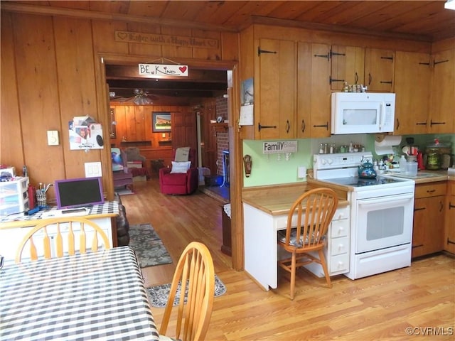 9616 Sunnyside Rd, Mc Kenney, VA 23872 - kitchen featuring white appliances, light wood-type flooring, wood walls, and wood ceiling
