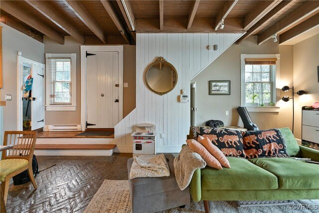 2200 E Grace St, Richmond, VA 23223 - living room with brick floor, wooden ceiling, beam ceiling, and a baseboard radiator