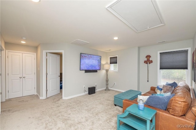 7324 Bailie Dr, Mechanicsville, VA 23111 - living room featuring attic access, baseboards, plenty of natural light, and carpet flooring
