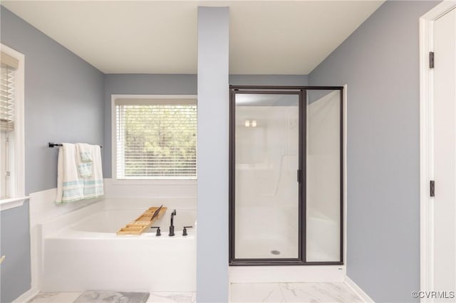 7324 Bailie Dr, Mechanicsville, VA 23111 - full bathroom with marble finish floor, baseboards, a stall shower, and a bath