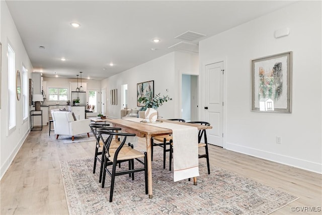 8031 Lake Shore Dr, North Chesterfield, VA 23235 - dining space featuring visible vents, baseboards, light wood finished floors, and recessed lighting