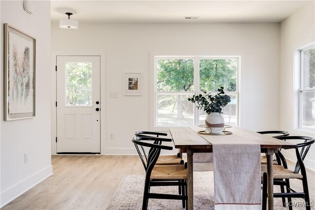 8031 Lake Shore Dr, North Chesterfield, VA 23235 - dining room featuring plenty of natural light, baseboards, visible vents, and light wood-style flooring