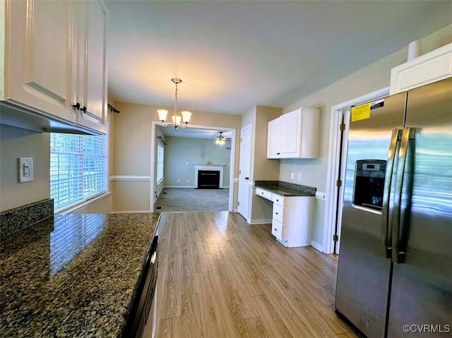 14312 Ashdale Way, Chesterfield, VA 23832 - kitchen featuring stainless steel refrigerator with ice dispenser, a chandelier, white cabinetry, a ceiling fan, and light wood-style flooring