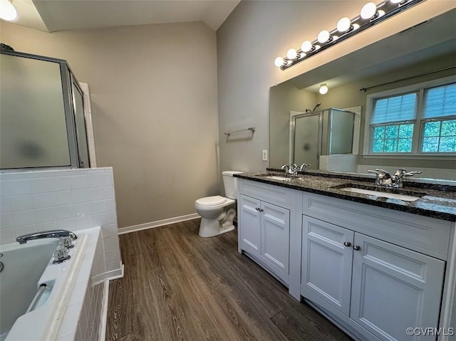 14312 Ashdale Way, Chesterfield, VA 23832 - bathroom featuring double vanity, a shower stall, wood finished floors, a bath, and toilet