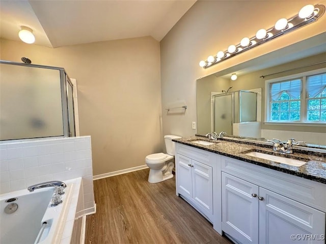 14312 Ashdale Way, Chesterfield, VA 23832 - full bathroom with double vanity, a shower stall, wood finished floors, a bath, and lofted ceiling