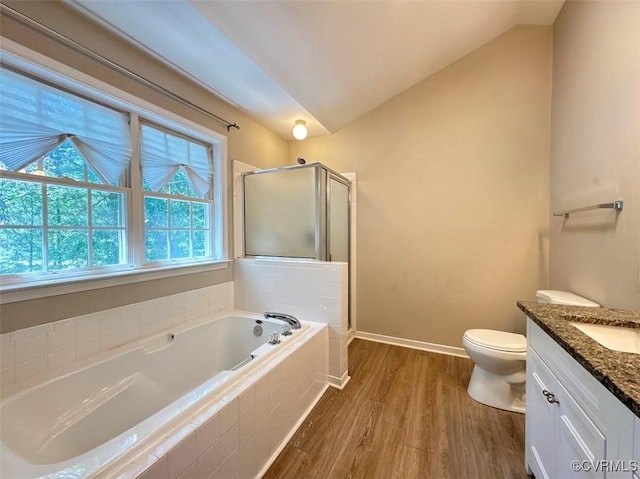 14312 Ashdale Way, Chesterfield, VA 23832 - bathroom with lofted ceiling, vanity, wood finished floors, a garden tub, and a stall shower
