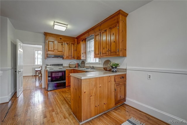 kitchen featuring light countertops, a peninsula, light wood-style floors, and range with electric cooktop