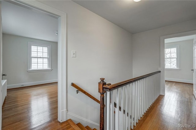 stairway with plenty of natural light, baseboards, and hardwood / wood-style floors