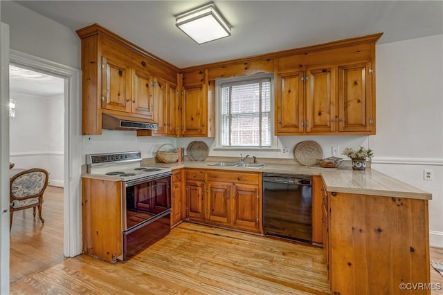 kitchen with light wood-style flooring, dishwasher, under cabinet range hood, a sink, and range with electric stovetop