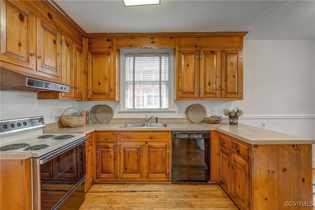 kitchen featuring a peninsula, dishwasher, under cabinet range hood, electric stove, and a sink