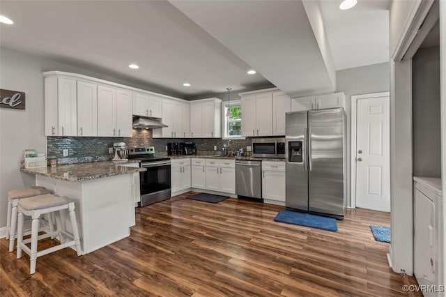 kitchen with backsplash, appliances with stainless steel finishes, dark wood finished floors, a peninsula, and under cabinet range hood