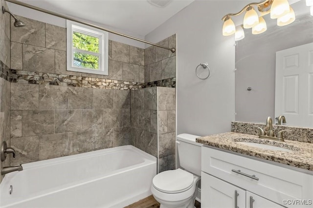 full bath featuring toilet, visible vents, shower / bathing tub combination, and vanity