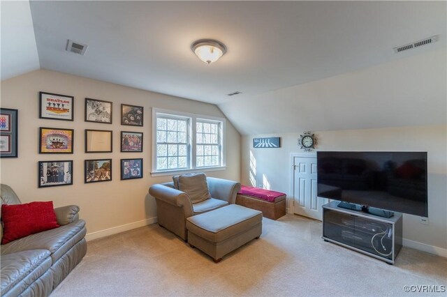 13494 Lakeview Farms Pl, Ashland, VA 23005 - carpeted living room with baseboards, visible vents, and lofted ceiling