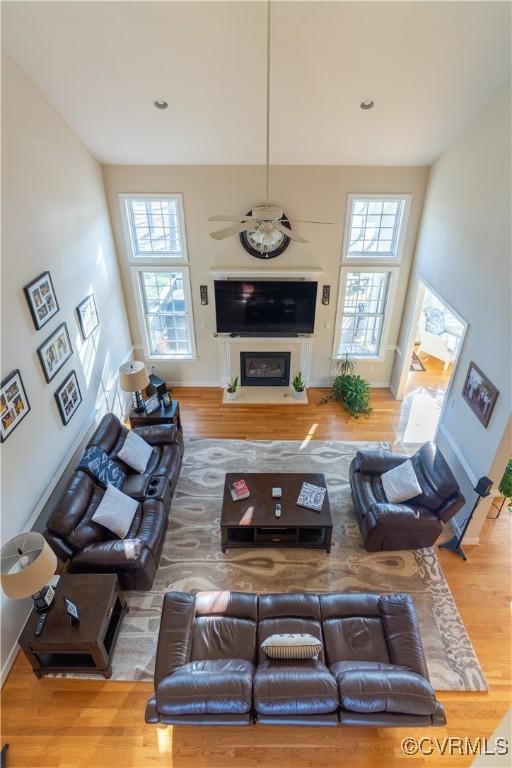 13494 Lakeview Farms Pl, Ashland, VA 23005 - living room featuring plenty of natural light, a fireplace with flush hearth, wood finished floors, and ceiling fan