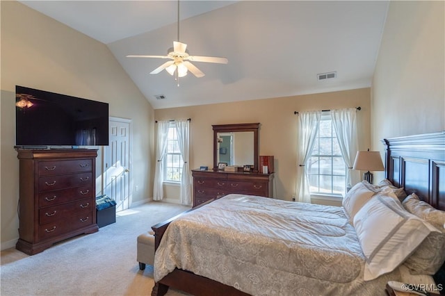 13494 Lakeview Farms Pl, Ashland, VA 23005 - bedroom featuring light carpet, baseboards, vaulted ceiling, and visible vents