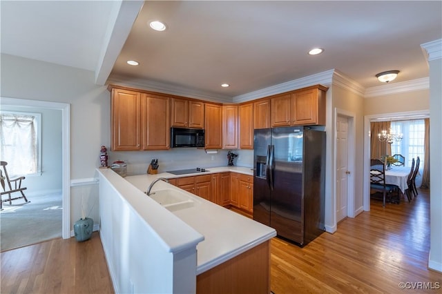 13494 Lakeview Farms Pl, Ashland, VA 23005 - kitchen featuring light countertops, a sink, a peninsula, black appliances, and light wood-style floors