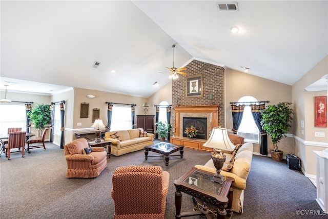 2404 Wanstead Ct, Henrico, VA 23238 - living room with carpet flooring, ceiling fan, vaulted ceiling, and plenty of natural light