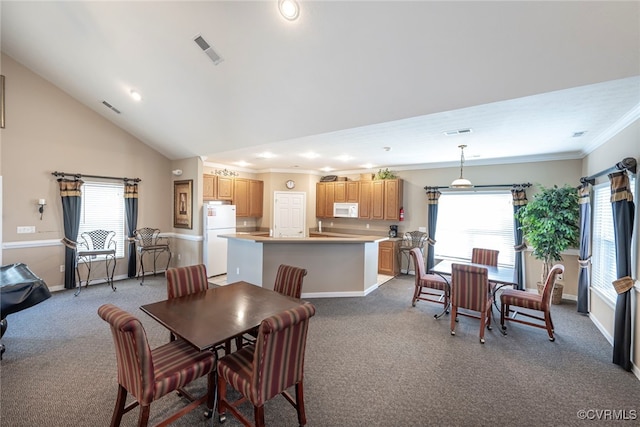 2404 Wanstead Ct, Henrico, VA 23238 - dining room featuring light carpet, ornamental molding, baseboards, recessed lighting, and vaulted ceiling